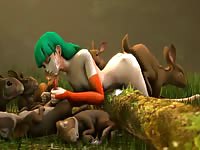 Green-haired slut having animal group sex with rabbits