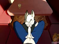 Shy hot cat babe giving sloppy blowjob under the table 