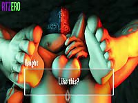 Two horny monsters masturbating their cocks using her mouth and filthy feet