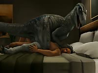 3D anime of dinosaur riding a man's huge hard dick